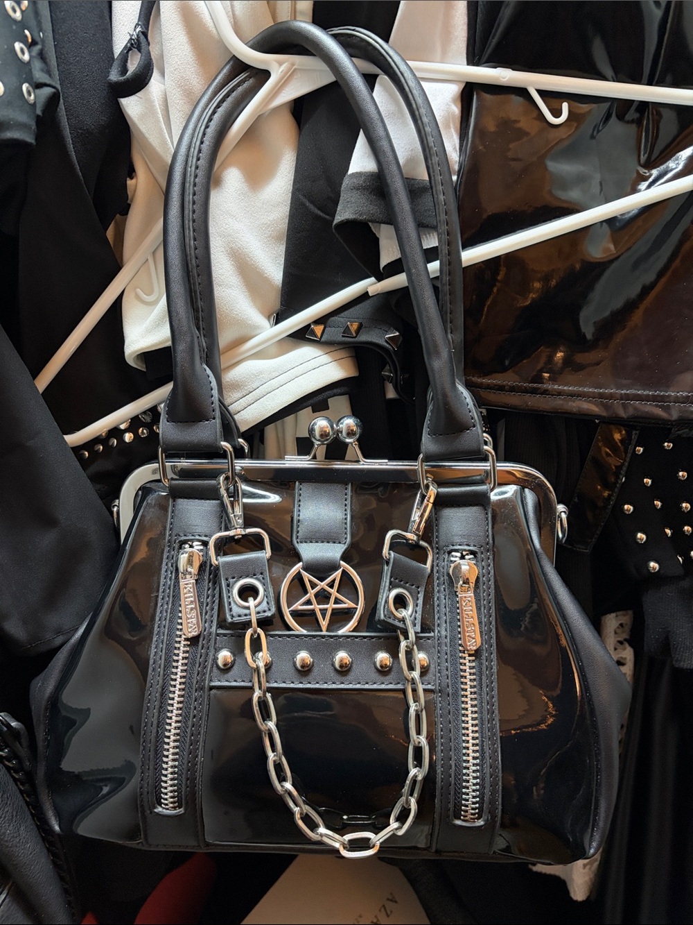 Killstar Black Patent Satchel with Silver Pentagram Chain